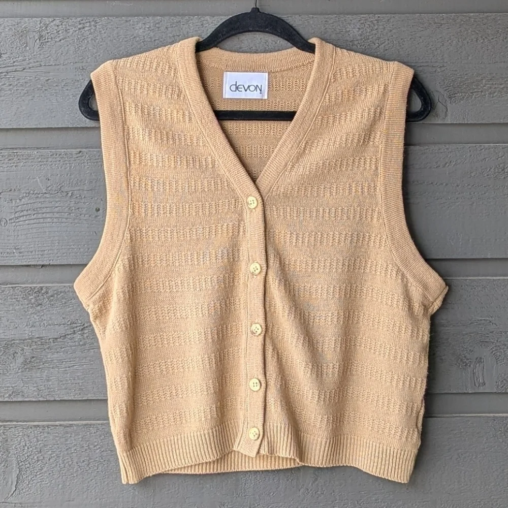 VTG 70s Devon Camel Tan Knit Sweater Vest Size Large